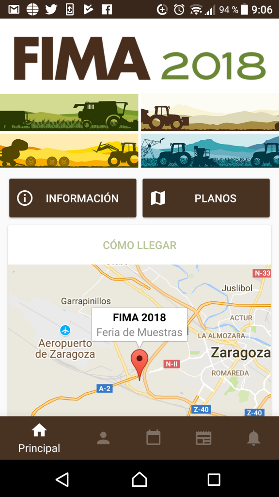 Vista de la página principal de la APP de FIMA